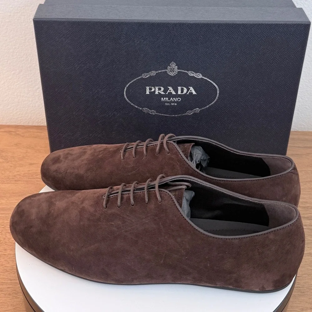 Prada Mens Vit.Scamosciato Suede Oxford Shoes Moro Brown 2EG448 Size 7.5